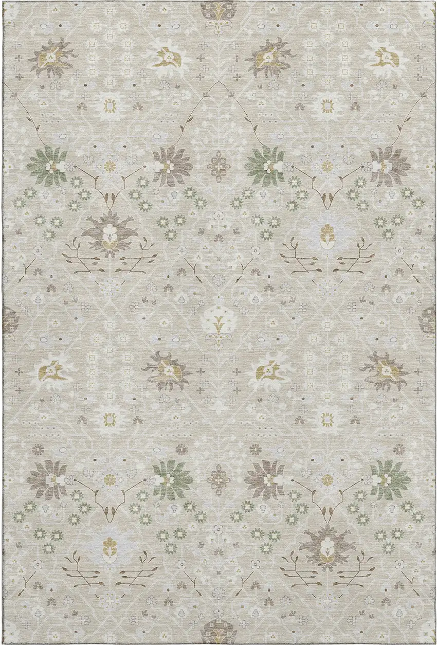 Beige Ivory And Taupe Oriental Washable Area Rug With UV Protection Photo 1