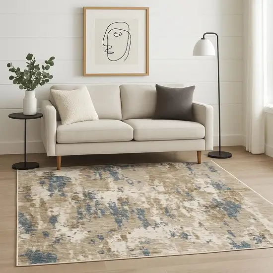 Beige Ivory And Teal Abstract Area Rug With Fringe Photo 1