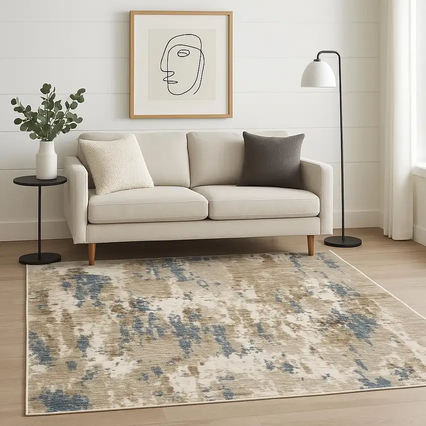 Beige Ivory And Teal Abstract Area Rug With Fringe Photo 1