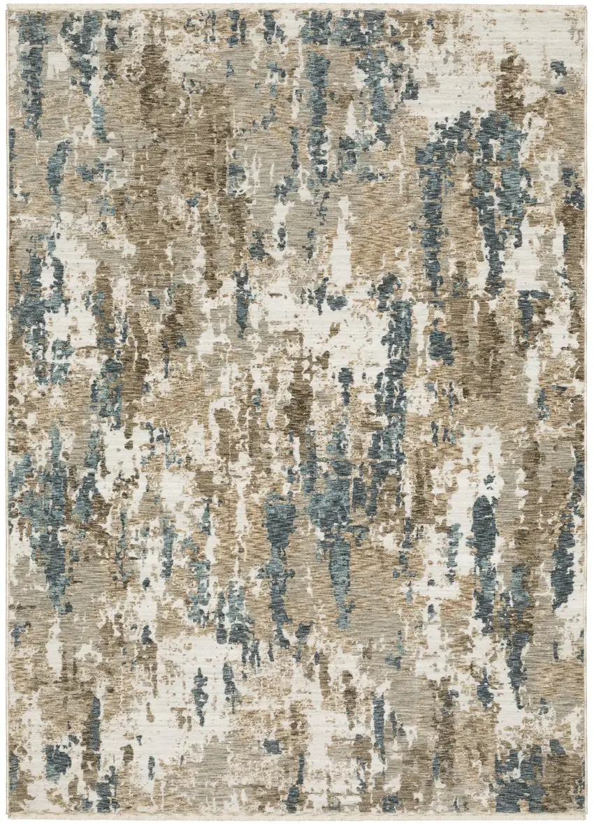 Beige Ivory And Teal Abstract Area Rug With Fringe Photo 5