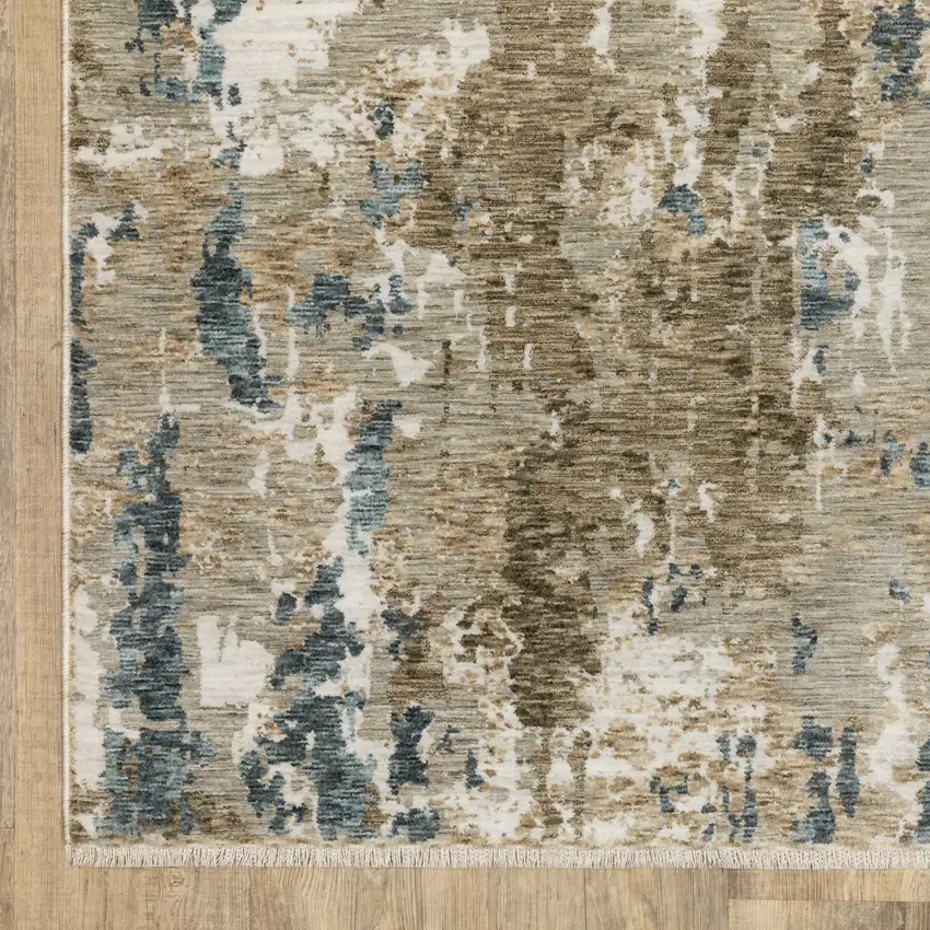 Beige Ivory And Teal Abstract Area Rug With Fringe Photo 4