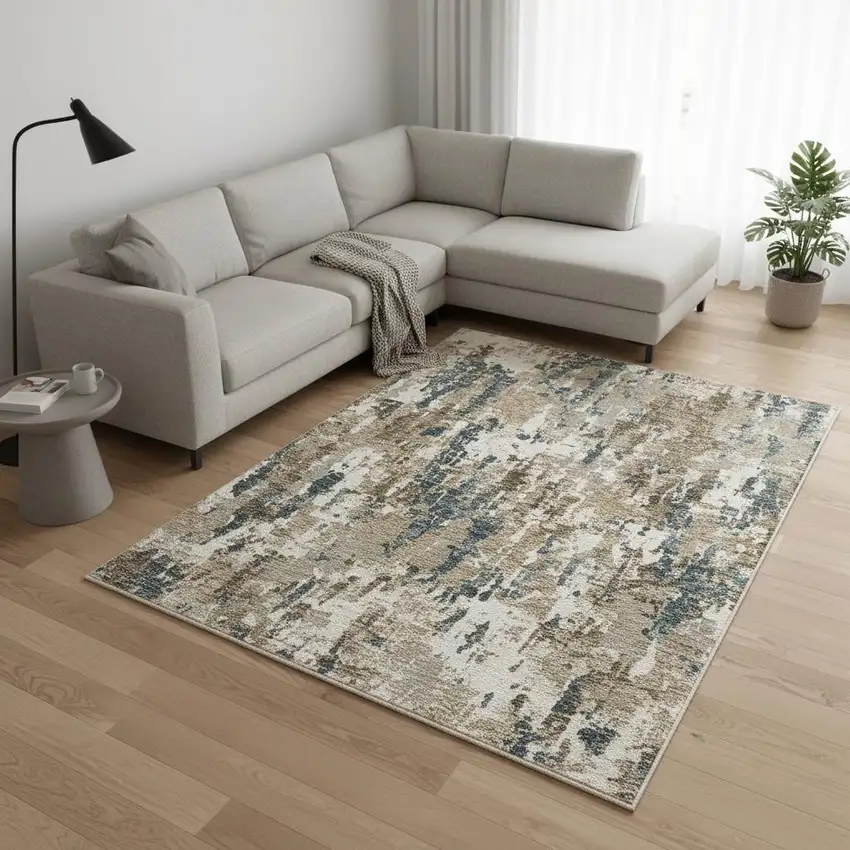 Beige Ivory And Teal Abstract Area Rug With Fringe Photo 1