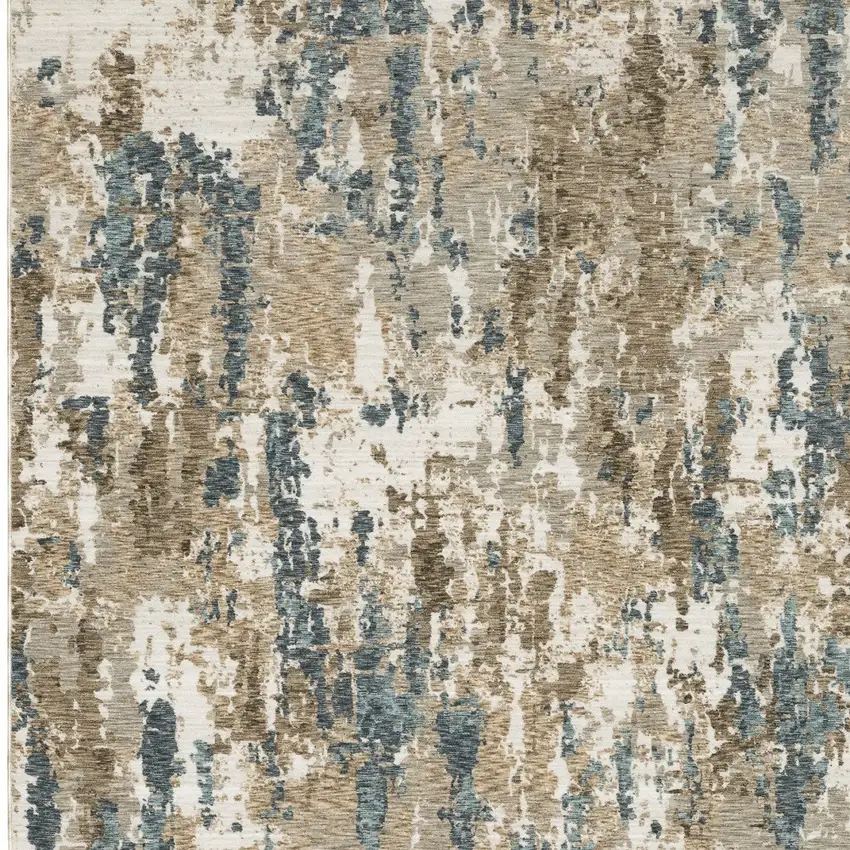 Beige Ivory And Teal Abstract Area Rug With Fringe Photo 7