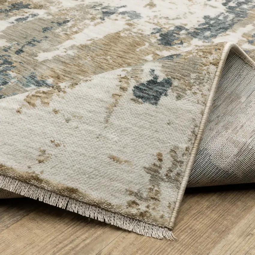 Beige Ivory And Teal Abstract Area Rug With Fringe Photo 9