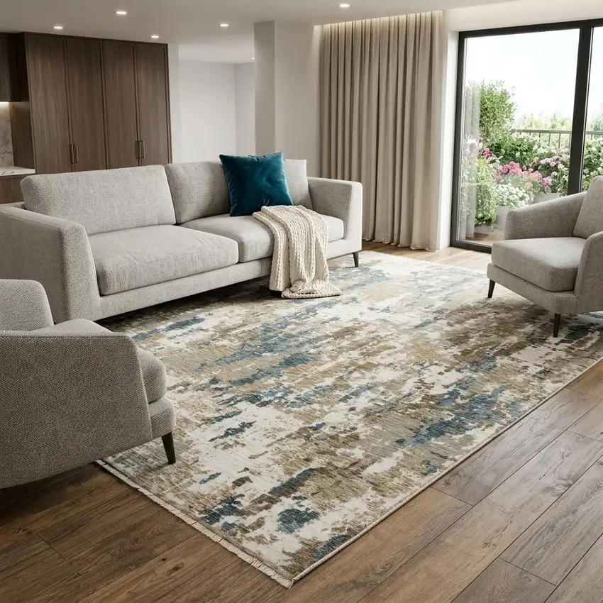 Beige Ivory And Teal Abstract Area Rug With Fringe Photo 1