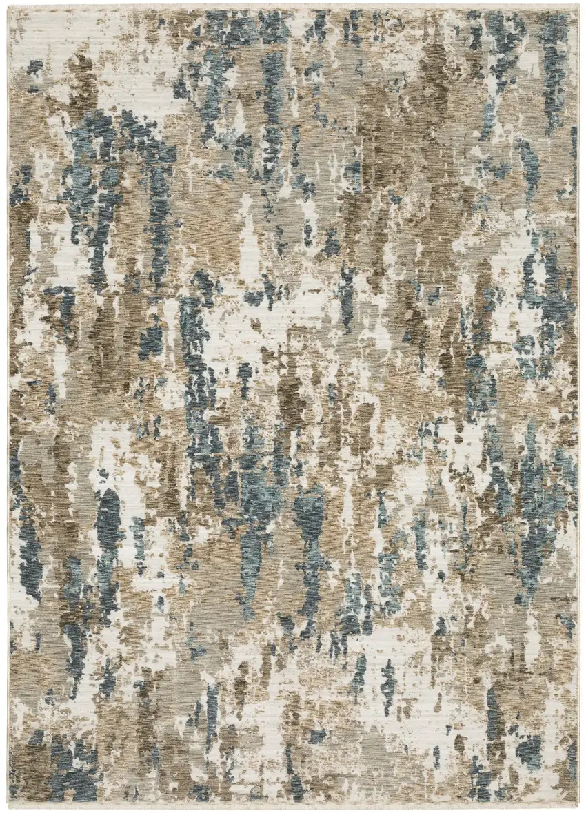 Beige Ivory And Teal Abstract Area Rug With Fringe Photo 5