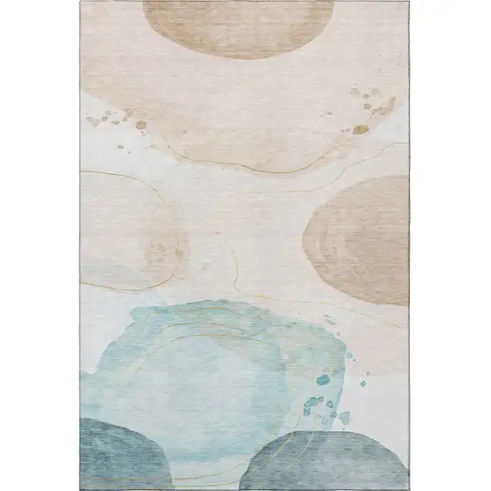 Beige Ivory And Teal Abstract Washable Area Rug With UV Protection Photo 4