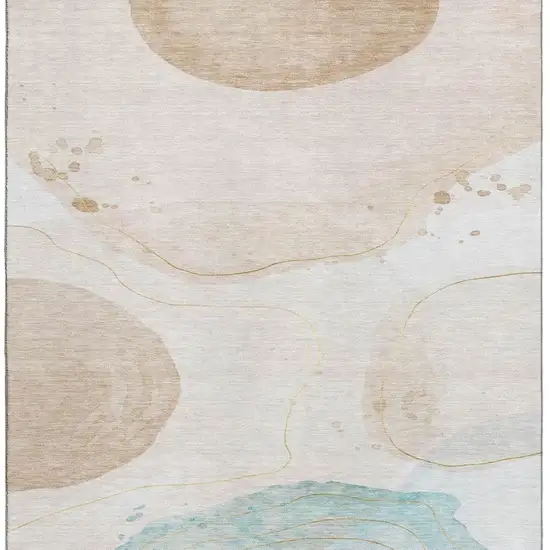 Beige Ivory And Teal Abstract Washable Area Rug With UV Protection Photo 4