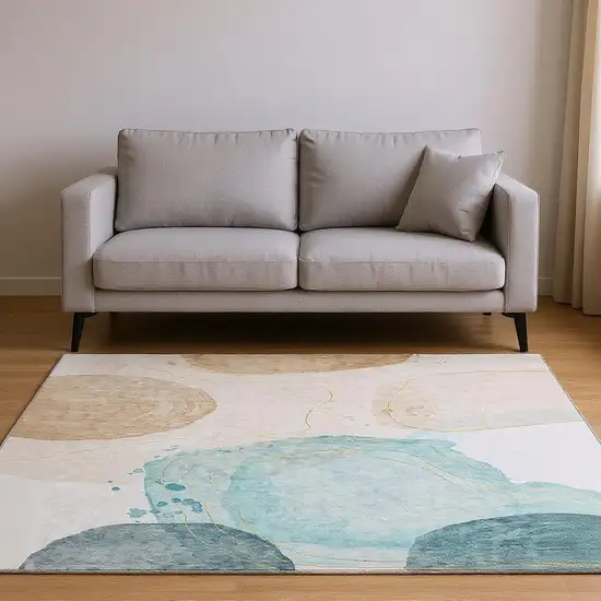 Beige Ivory And Teal Abstract Washable Area Rug With UV Protection Photo 2