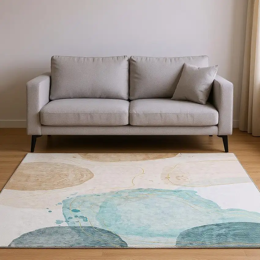 Beige Ivory And Teal Abstract Washable Area Rug With UV Protection Photo 2