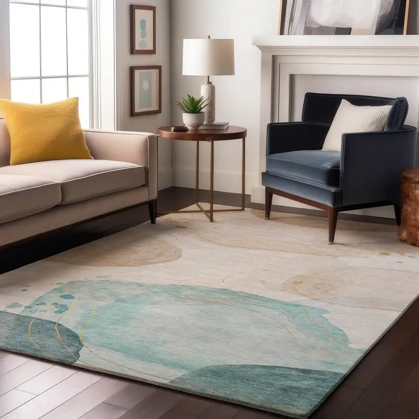 Beige Ivory And Teal Abstract Washable Area Rug With UV Protection Photo 5