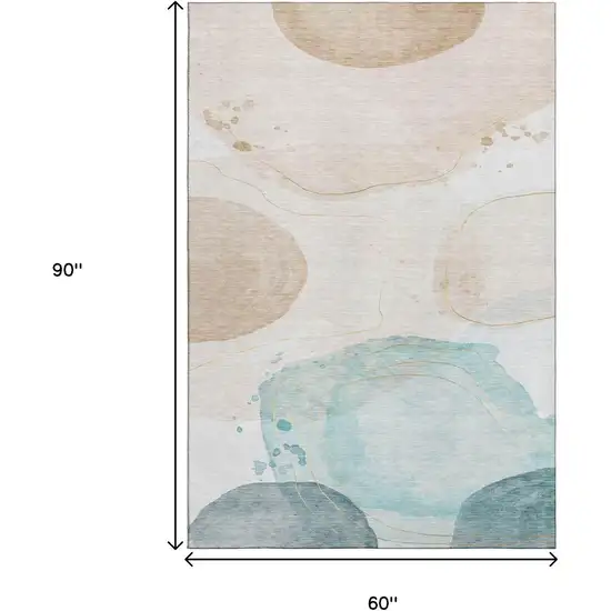 Beige Ivory And Teal Abstract Washable Area Rug With UV Protection Photo 3