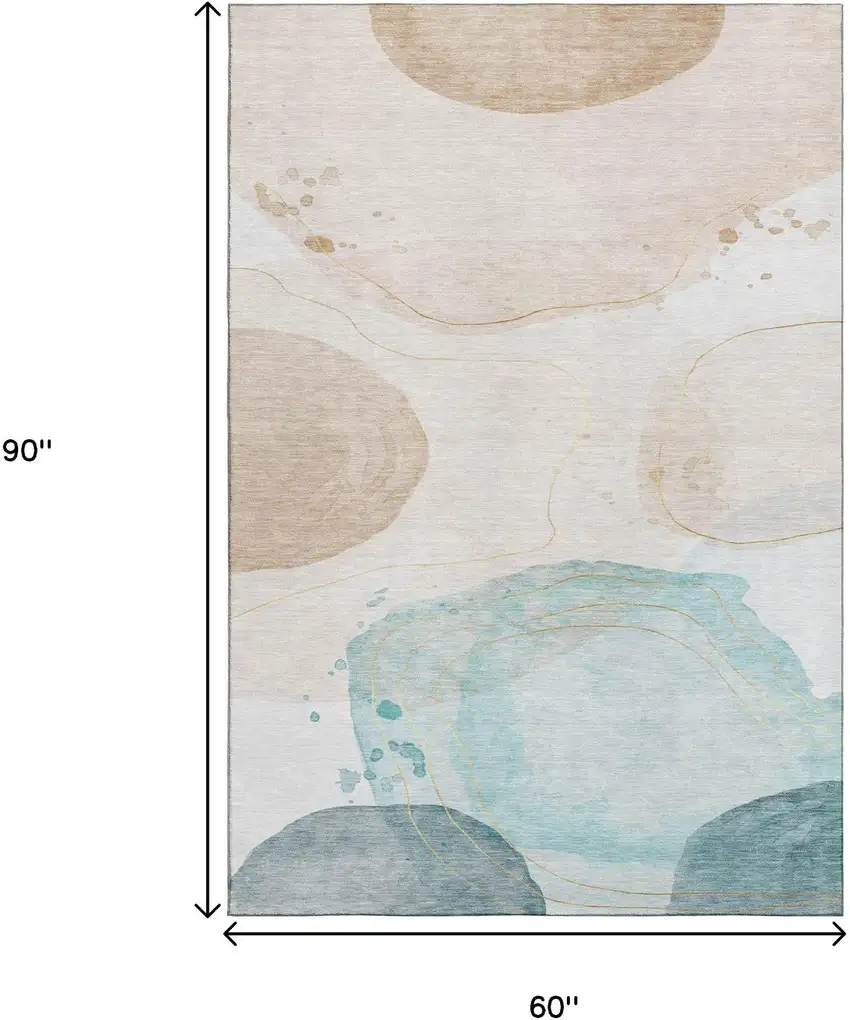 Beige Ivory And Teal Abstract Washable Area Rug With UV Protection Photo 3