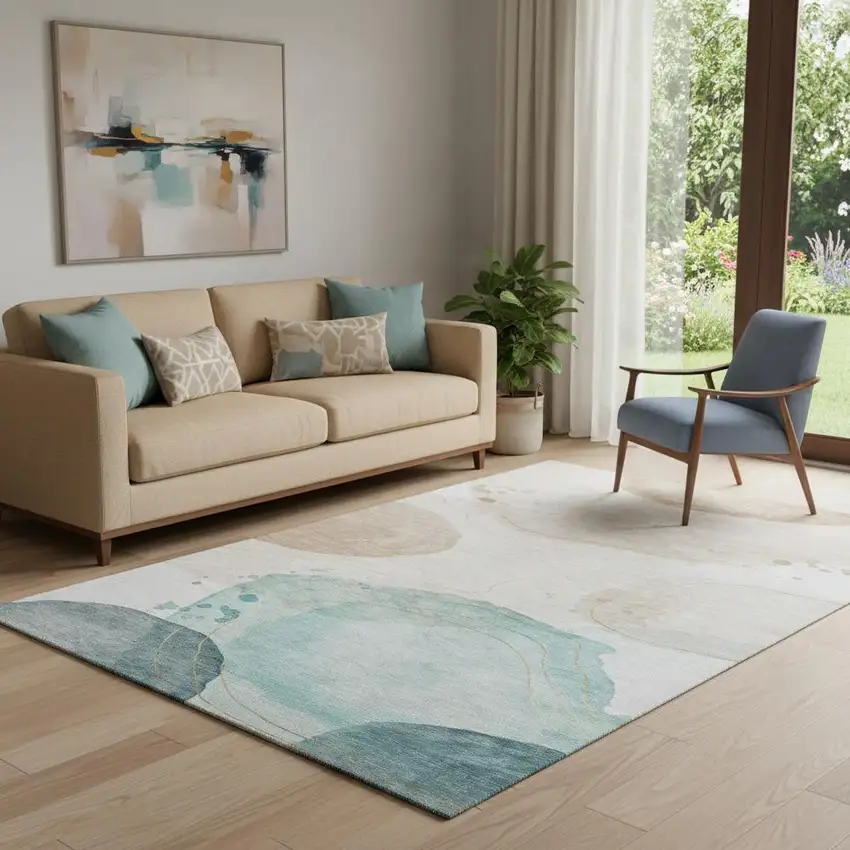 Beige Ivory And Teal Abstract Washable Area Rug With UV Protection Photo 1