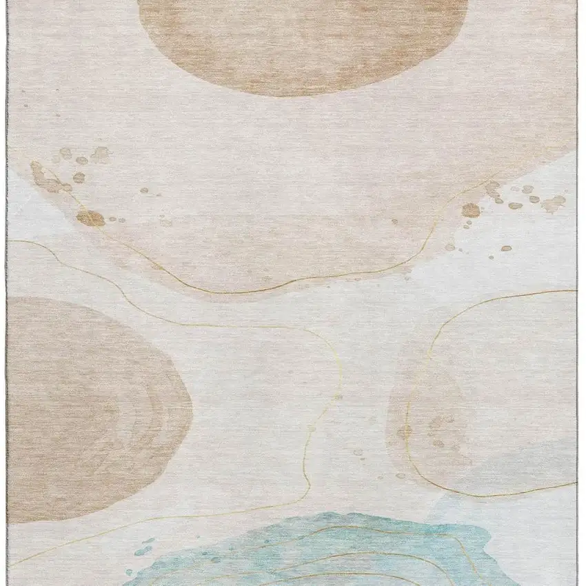 Beige Ivory And Teal Abstract Washable Area Rug With UV Protection Photo 4