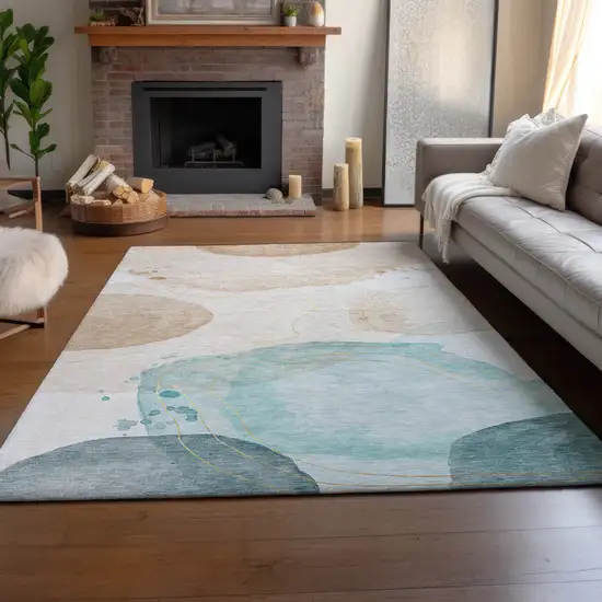 Beige Ivory And Teal Abstract Washable Area Rug With UV Protection Photo 6