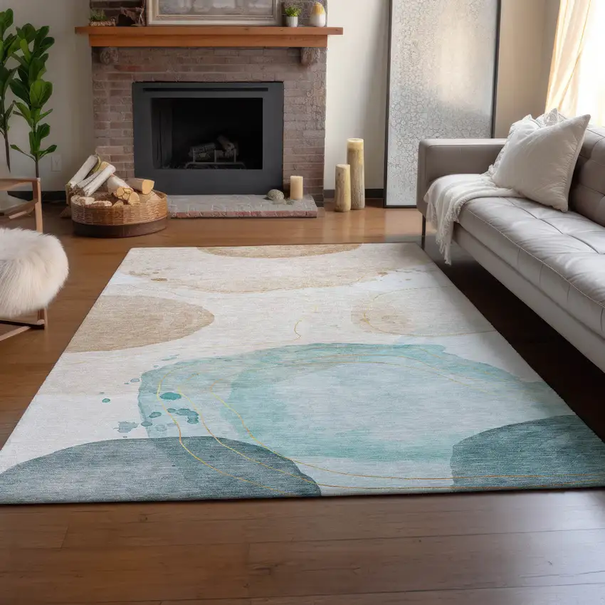 Beige Ivory And Teal Abstract Washable Area Rug With UV Protection Photo 6