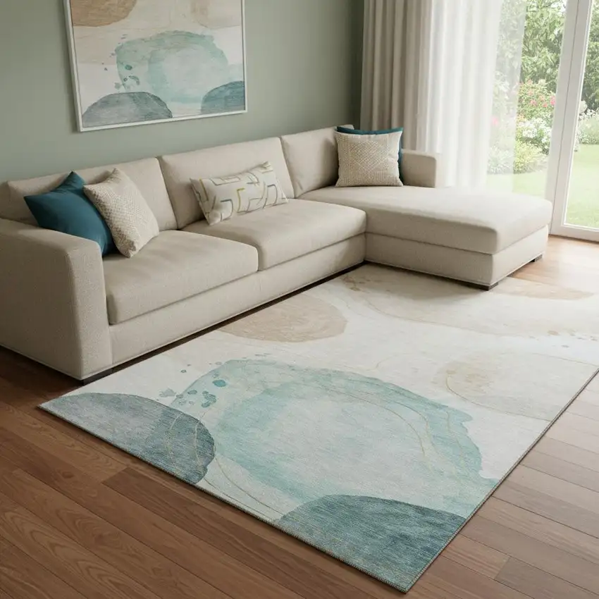 Beige Ivory And Teal Abstract Washable Area Rug With UV Protection Photo 1