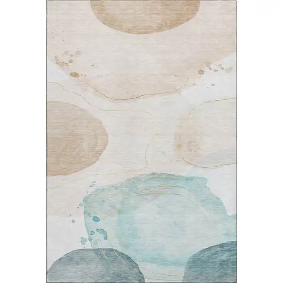 Beige Ivory And Teal Abstract Washable Area Rug With UV Protection Photo 1