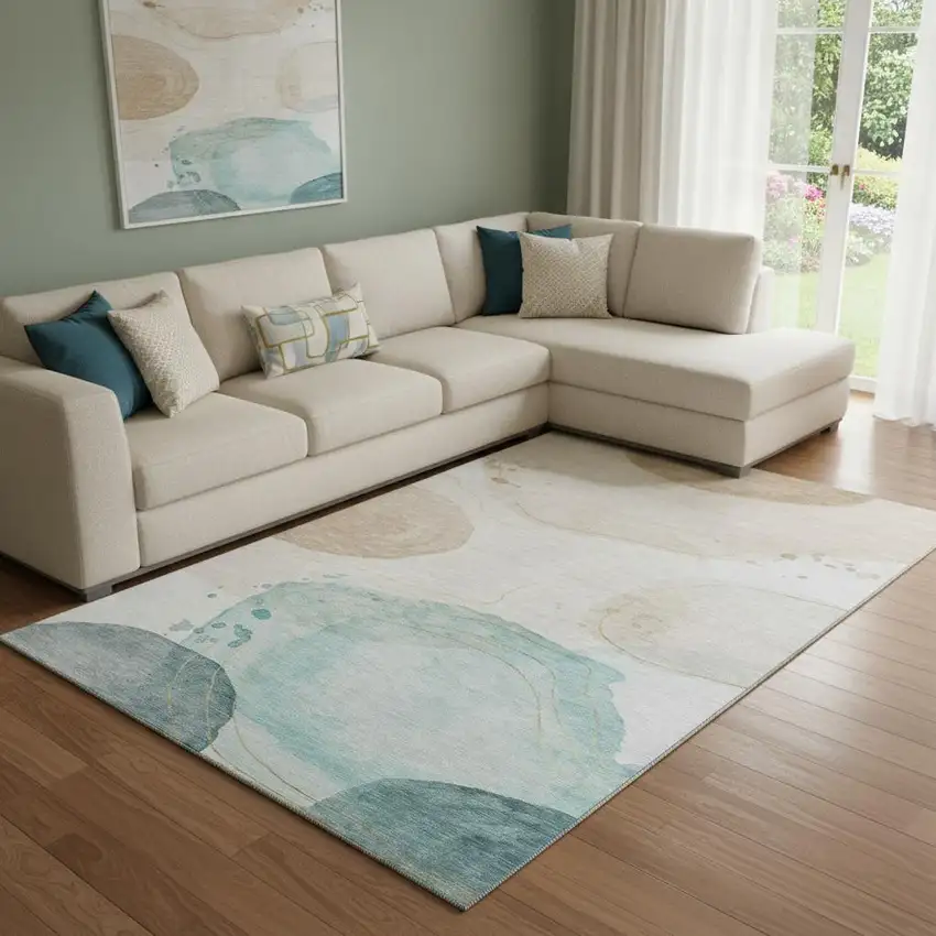 Beige Ivory And Teal Abstract Washable Area Rug With UV Protection Photo 4