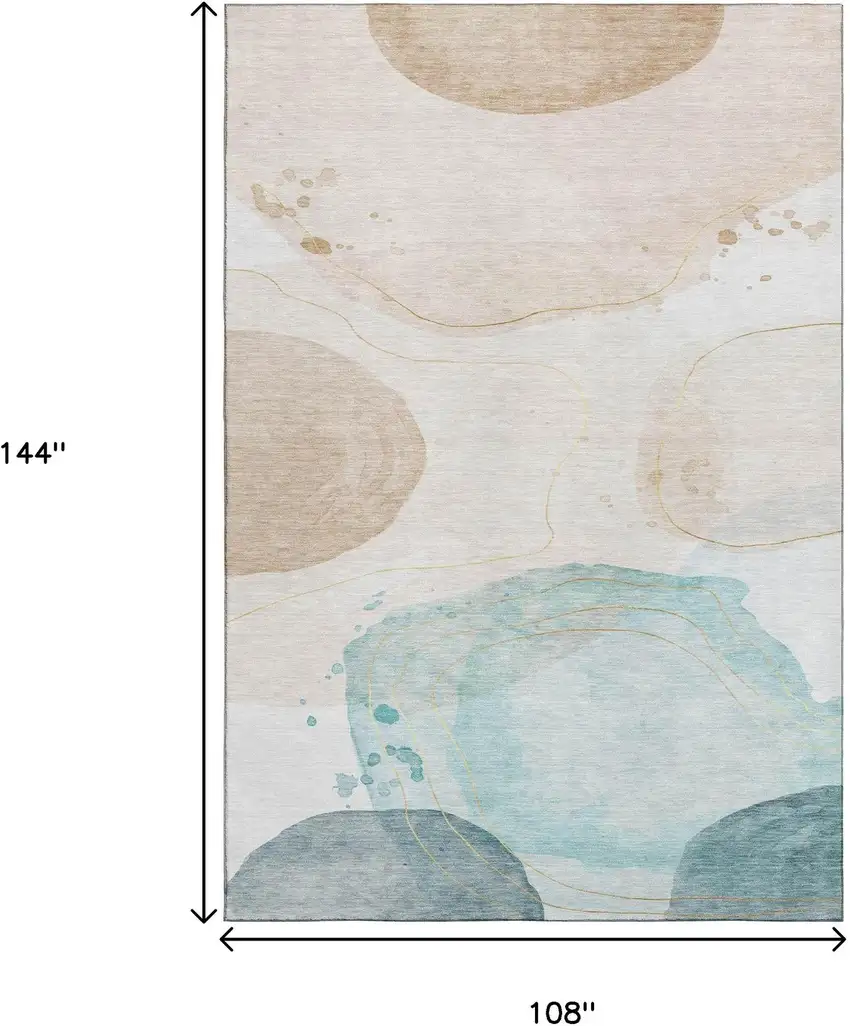 Beige Ivory And Teal Abstract Washable Area Rug With UV Protection Photo 3