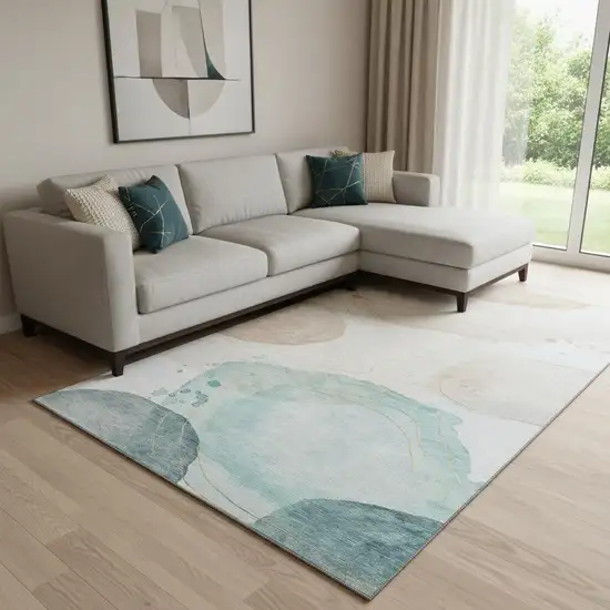 Beige Ivory And Teal Abstract Washable Area Rug With UV Protection Photo 1