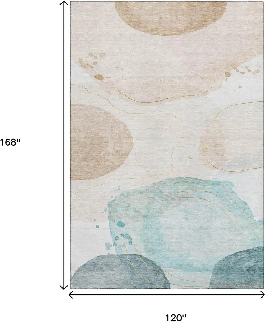 Beige Ivory And Teal Abstract Washable Area Rug With UV Protection Photo 3