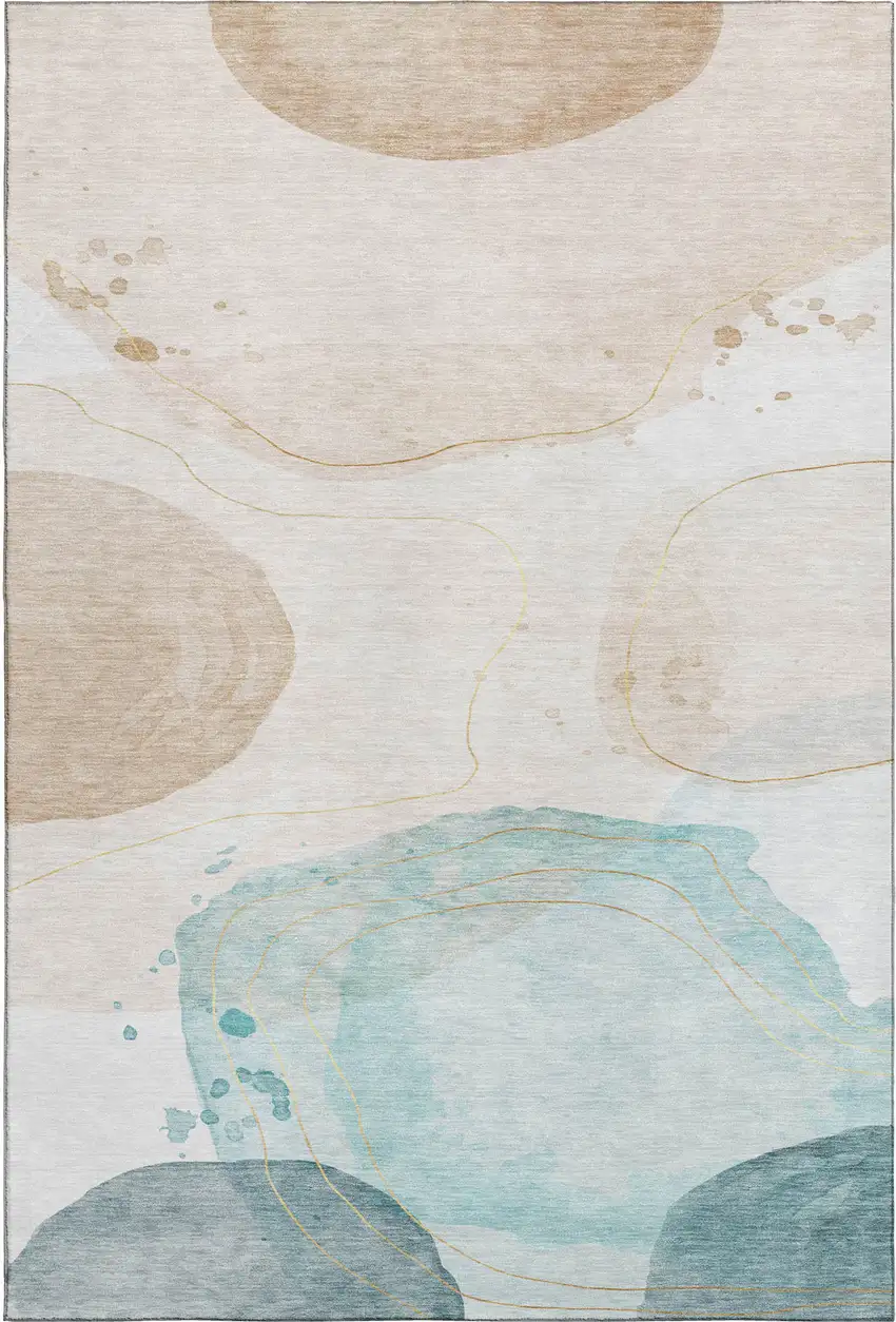 Beige Ivory And Teal Abstract Washable Area Rug With UV Protection Photo 1
