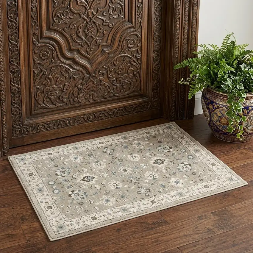 Beige and Ivory Oriental Power Loom Area Rug Photo 1