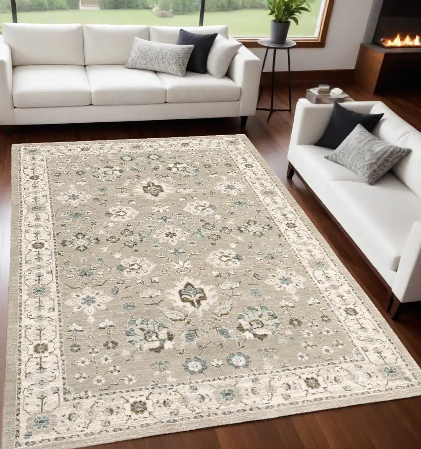 Beige and Ivory Oriental Power Loom Area Rug Photo 1