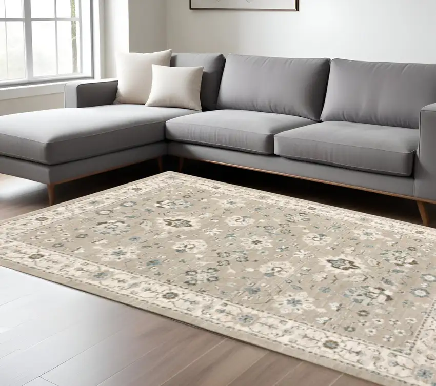Beige and Ivory Oriental Power Loom Area Rug Photo 1