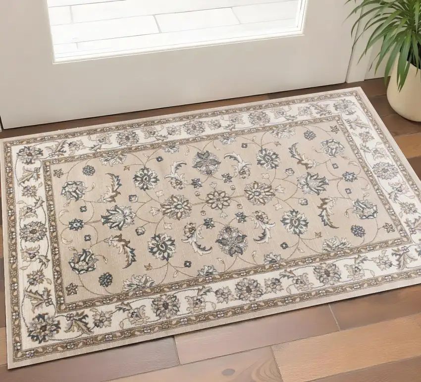 Beige And Ivory Floral Medallion Area Rug Photo 1