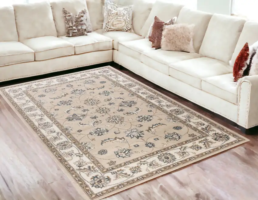 5'X8' Beige Ivory Bordered Floral Indoor Area Rug Photo 1