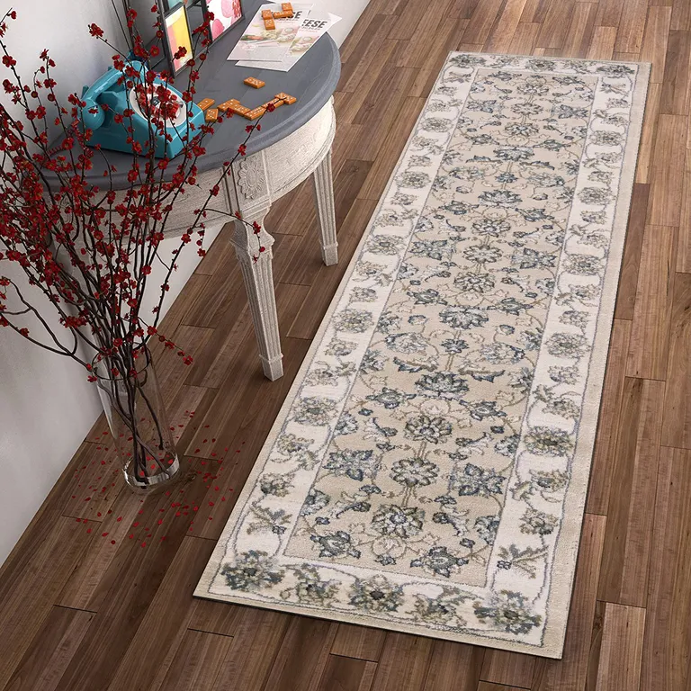Beige Ivory Bordered Floral Indoor Runner Rug Photo 4