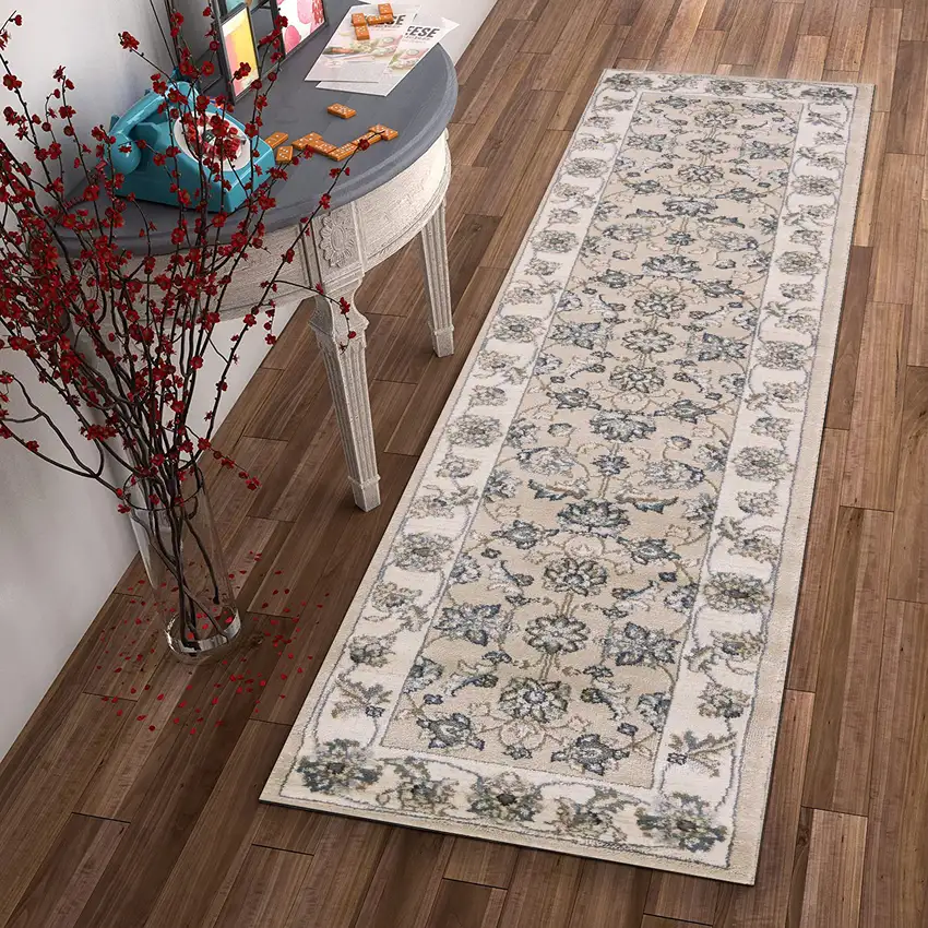 8' Beige Ivory Bordered Floral Indoor Runner Rug Photo 8