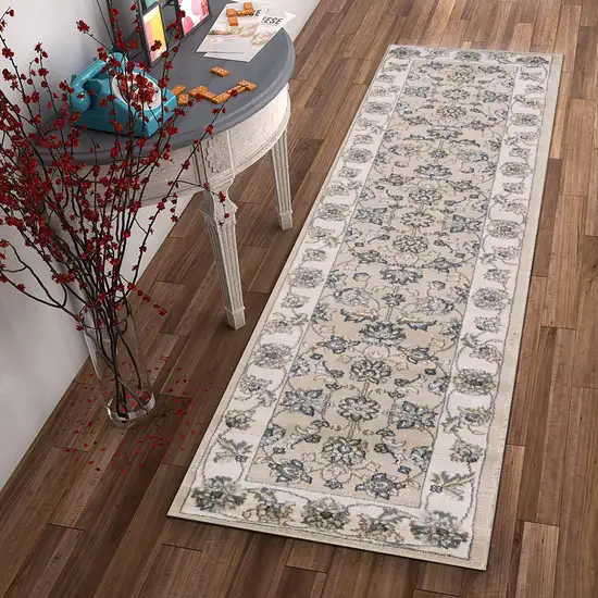 8' Beige Ivory Bordered Floral Indoor Runner Rug Photo 8