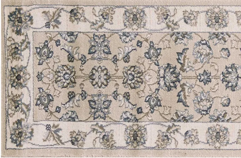 Beige Ivory Bordered Floral Indoor Runner Rug Photo 1