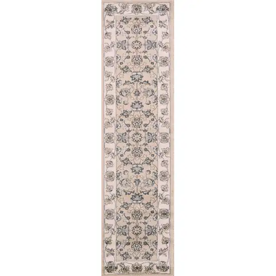 8' Beige Ivory Bordered Floral Indoor Runner Rug Photo 6