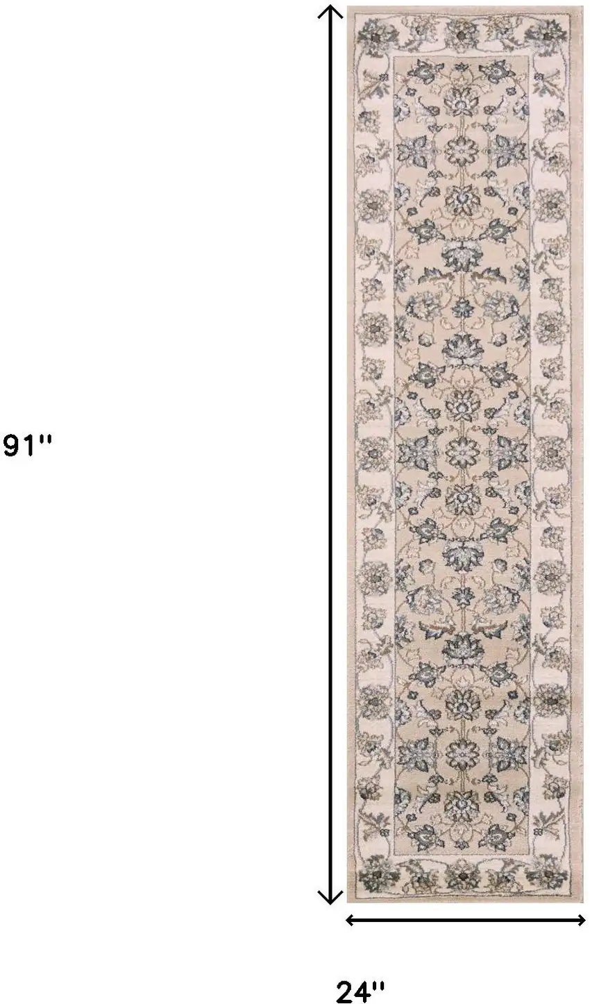 8' Beige And Ivory Floral Medallion Runner Rug Photo 3