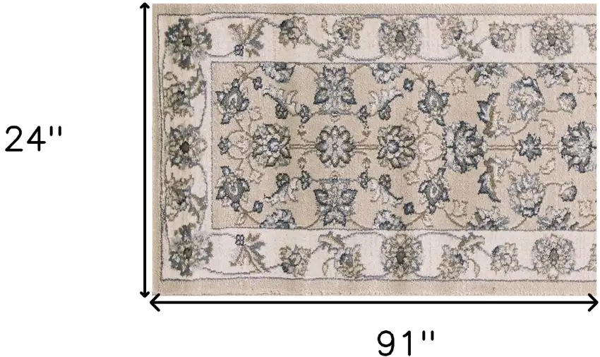 Beige Ivory Bordered Floral Indoor Runner Rug Photo 5
