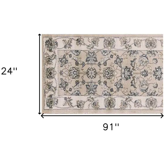 Beige Ivory Bordered Floral Indoor Runner Rug Photo 5