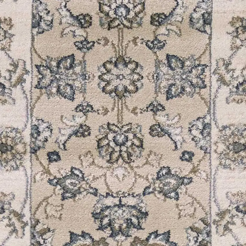 Beige Ivory Bordered Floral Indoor Runner Rug Photo 2