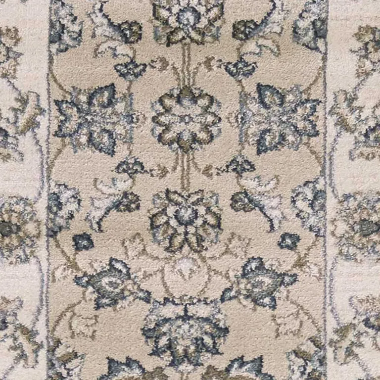 Beige Ivory Bordered Floral Indoor Runner Rug Photo 2