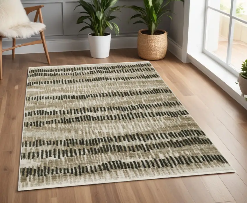 Beige Ivory Charcoal Brown Tan And Grey Abstract Power Loom Stain Resistant Area Rug With Fringe Photo 1