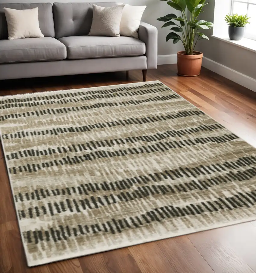 Beige Ivory Charcoal Brown Tan And Grey Abstract Power Loom Stain Resistant Area Rug With Fringe Photo 1