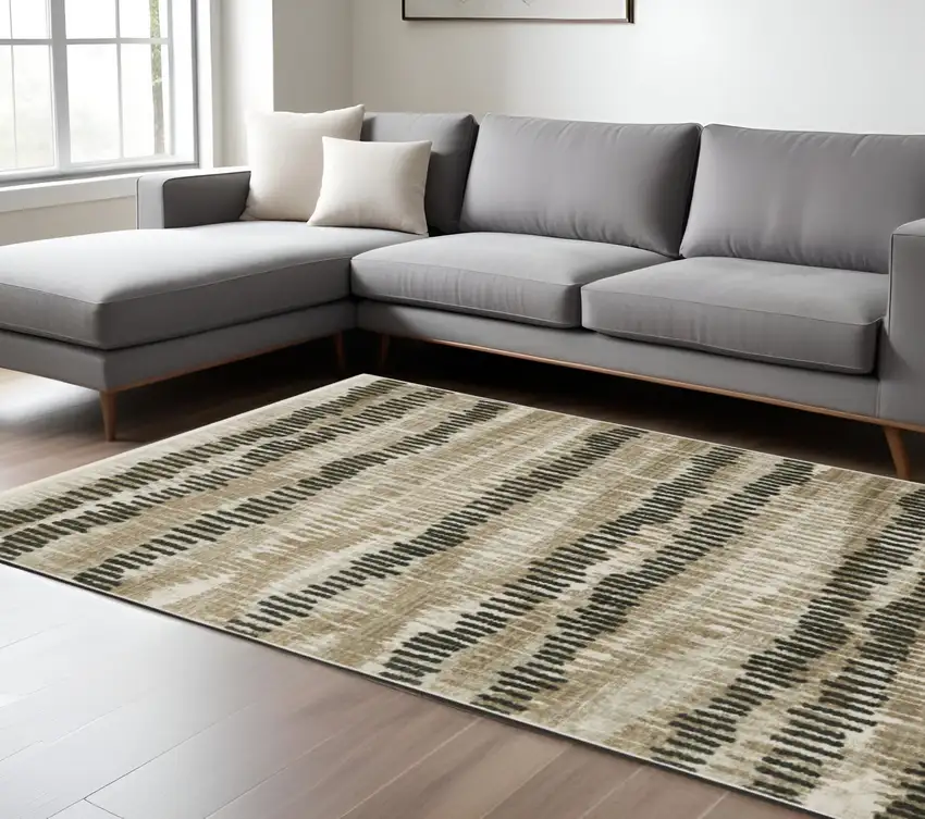 Beige Ivory Charcoal Brown Tan And Grey Abstract Power Loom Stain Resistant Area Rug With Fringe Photo 1