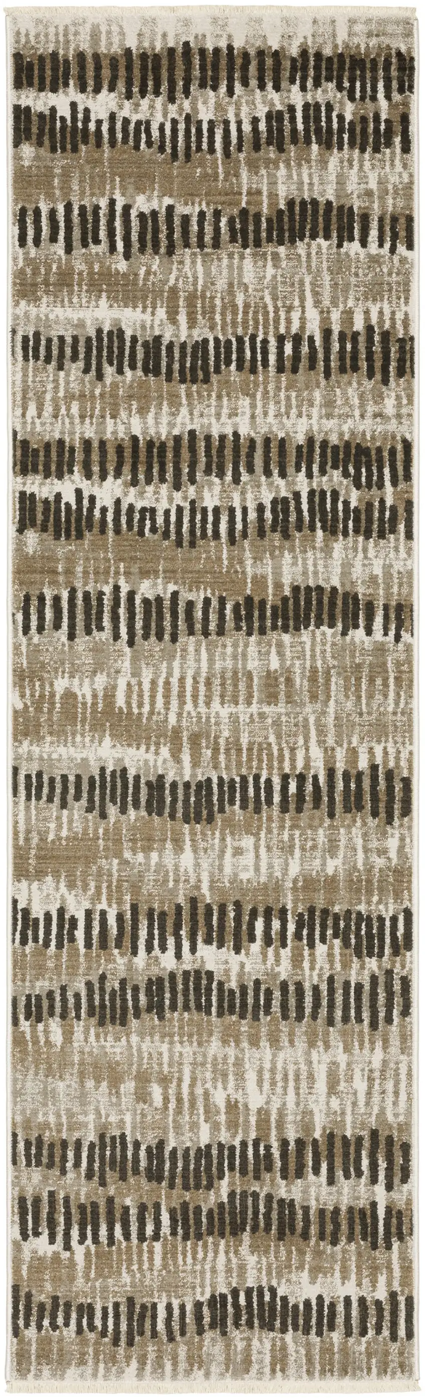 2' X 8' Beige Ivory Charcoal Brown Tan And Grey Abstract Power Loom Stain Resistant Runner Rug With Fringe Photo 2
