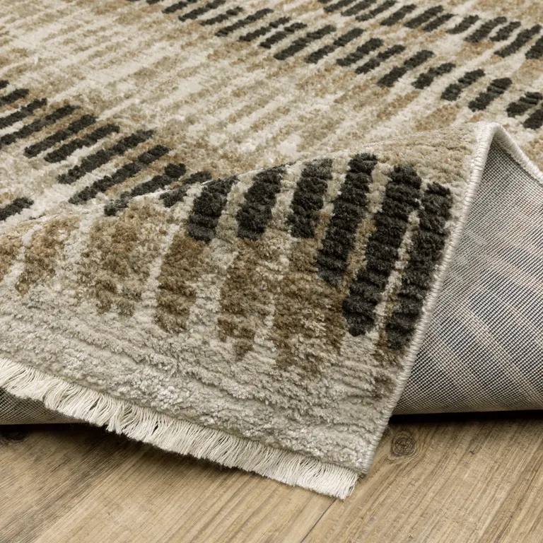 Beige Ivory Charcoal Brown Tan And Grey Abstract Power Loom Stain Resistant Runner Rug With Fringe Photo 5