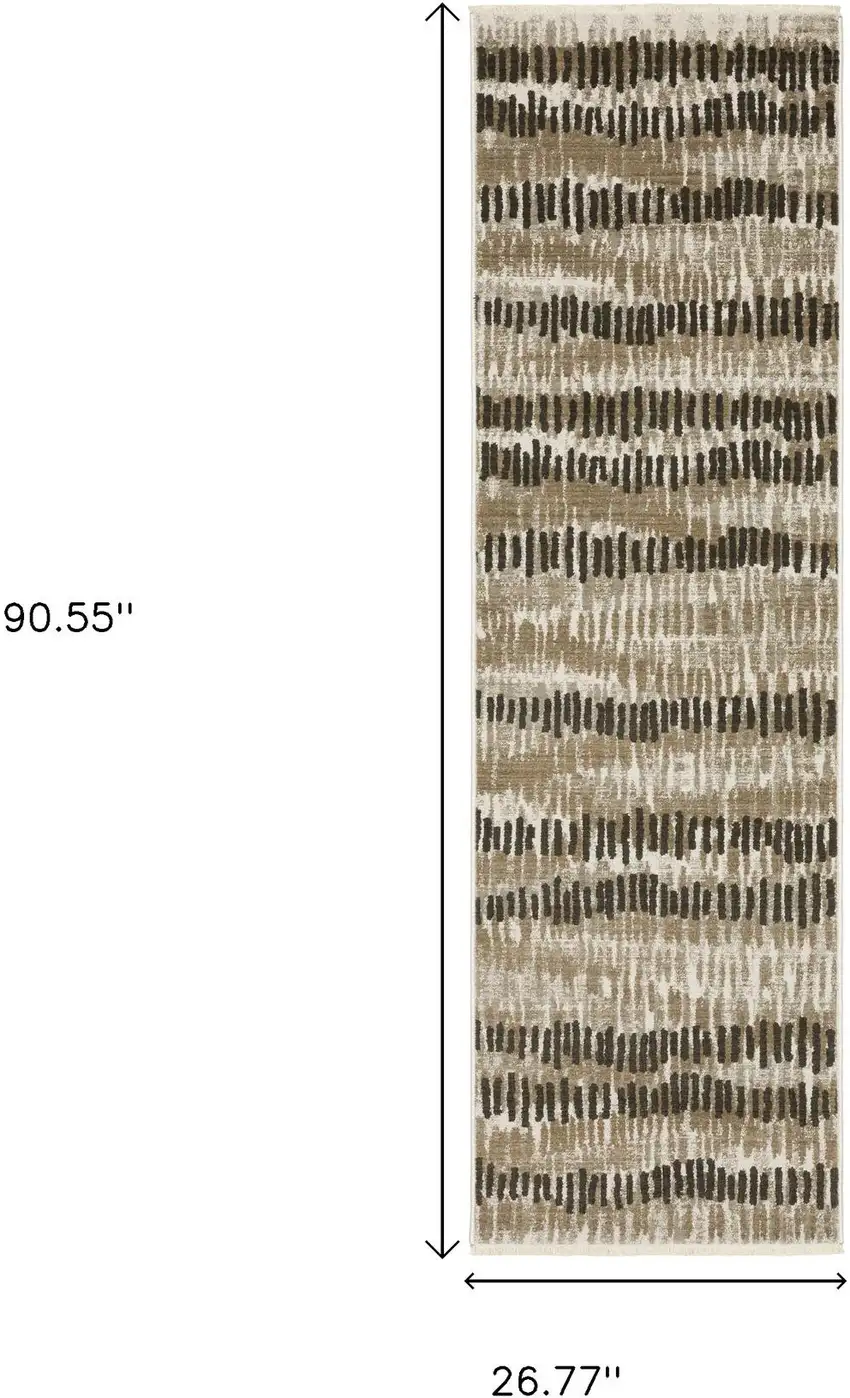 2' X 8' Beige Ivory Charcoal Brown Tan And Grey Abstract Power Loom Stain Resistant Runner Rug With Fringe Photo 3