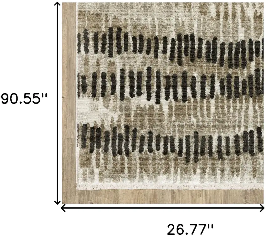 Beige Ivory Charcoal Brown Tan And Grey Abstract Power Loom Stain Resistant Runner Rug With Fringe Photo 8